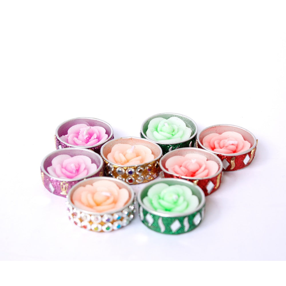 Set Of 8 Glitter Case Rose Floating Candles- Multicolor Pack