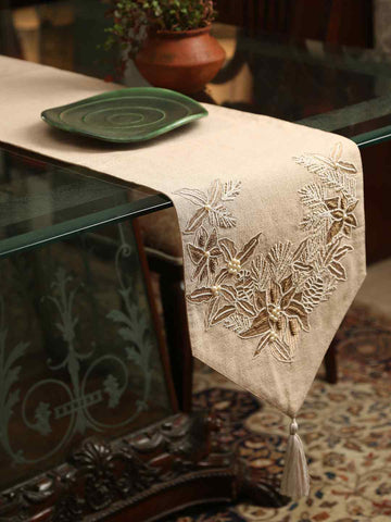 Beige Table Runner With Zari Embroidery Pearl Details And Tassels