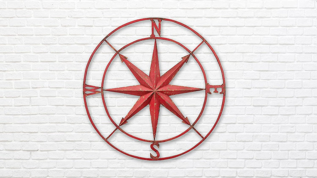 Round Distressed Red Metal Compass Wall Decor