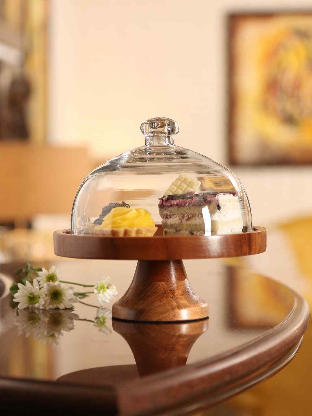 Wooden Cake Stand With Glass Dome