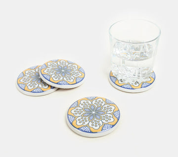 Ceramic Coaster With Cork Base Floral Design (Yellow)- Set Of 4