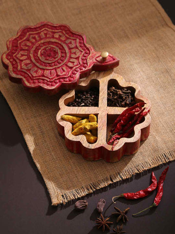 Handcarved Circular Box In Red Distress Finish