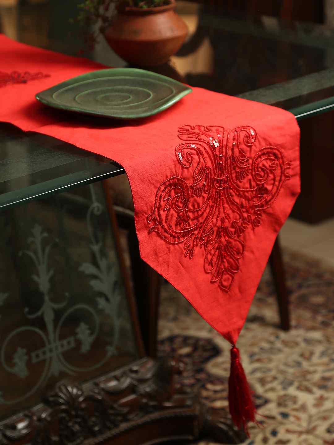 Red Table Runner With Tone On Tone Beads Sequin And Tassels