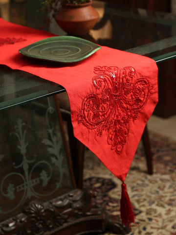 Red Table Runner With Tone On Tone Beads Sequin And Tassels