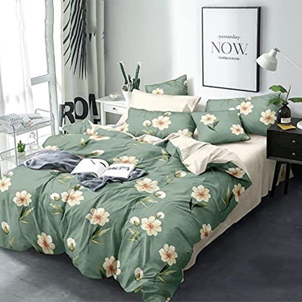 Green Floral - Glace Cotton Double Bedsheet With 2 Pillow Covers