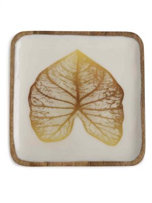 Mangowood Platter In Enamel Finish With Gold Leaf Design