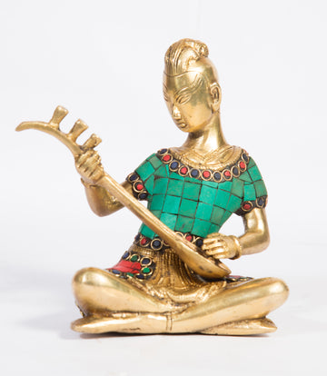 Musician Lady With Vina Sculpture Stone Crafted - 6 Inch (Multicolour)