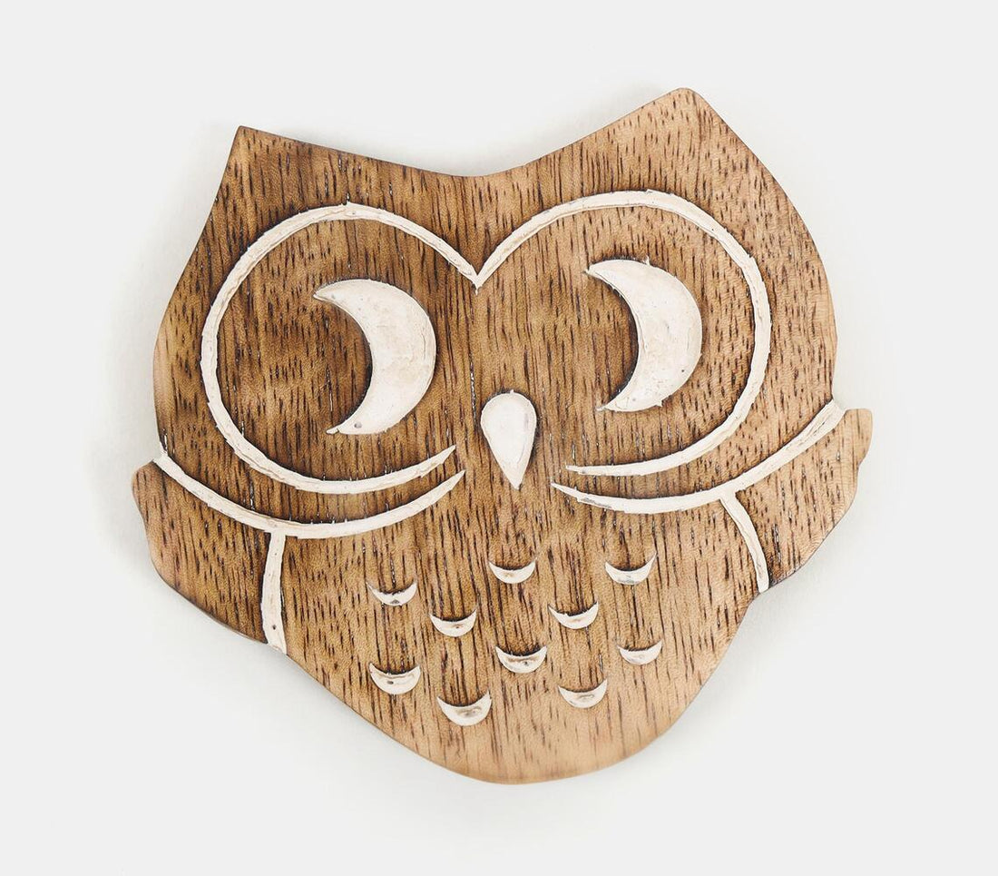 Hand Carved Owl Shaped Coaster Set