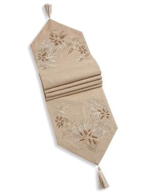 Beige Table Runner With Zari Embroidery Pearl Details And Tassels