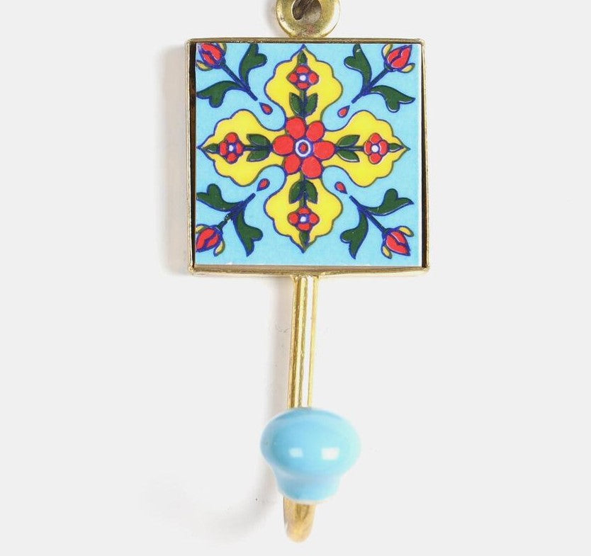 Ceramic Hook With Antique Gold Finish (Blue)