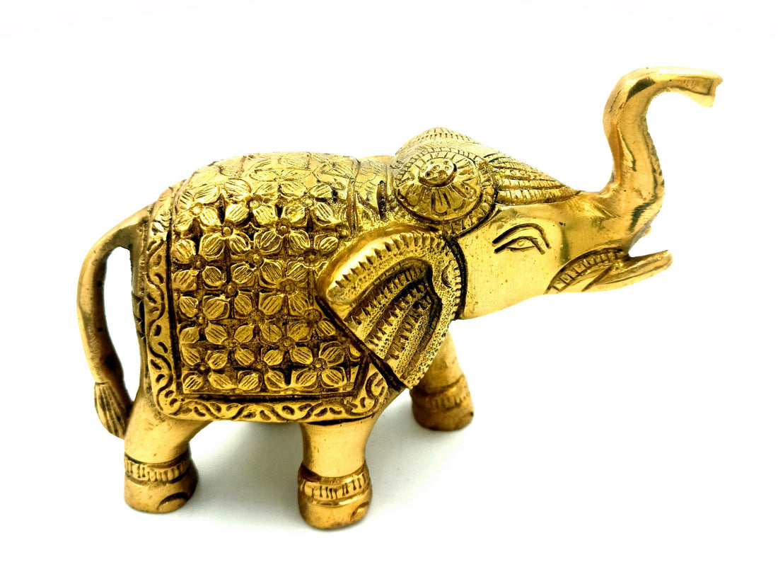 Ethnic Decor Elephant Pair Standing Trunk Up Statue - 5 Inch (Gold)