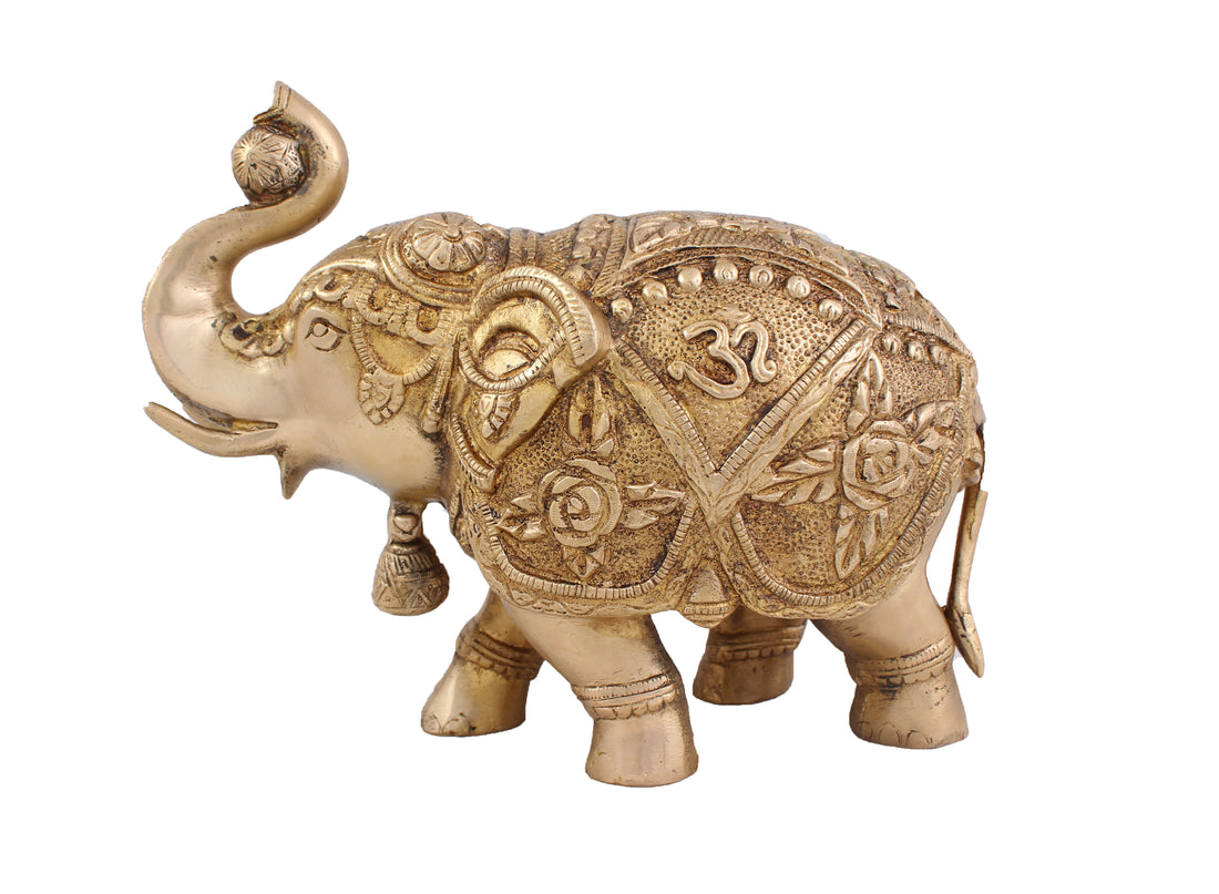 Elephant With Bell Sculpture - 8 Inch (Gold)