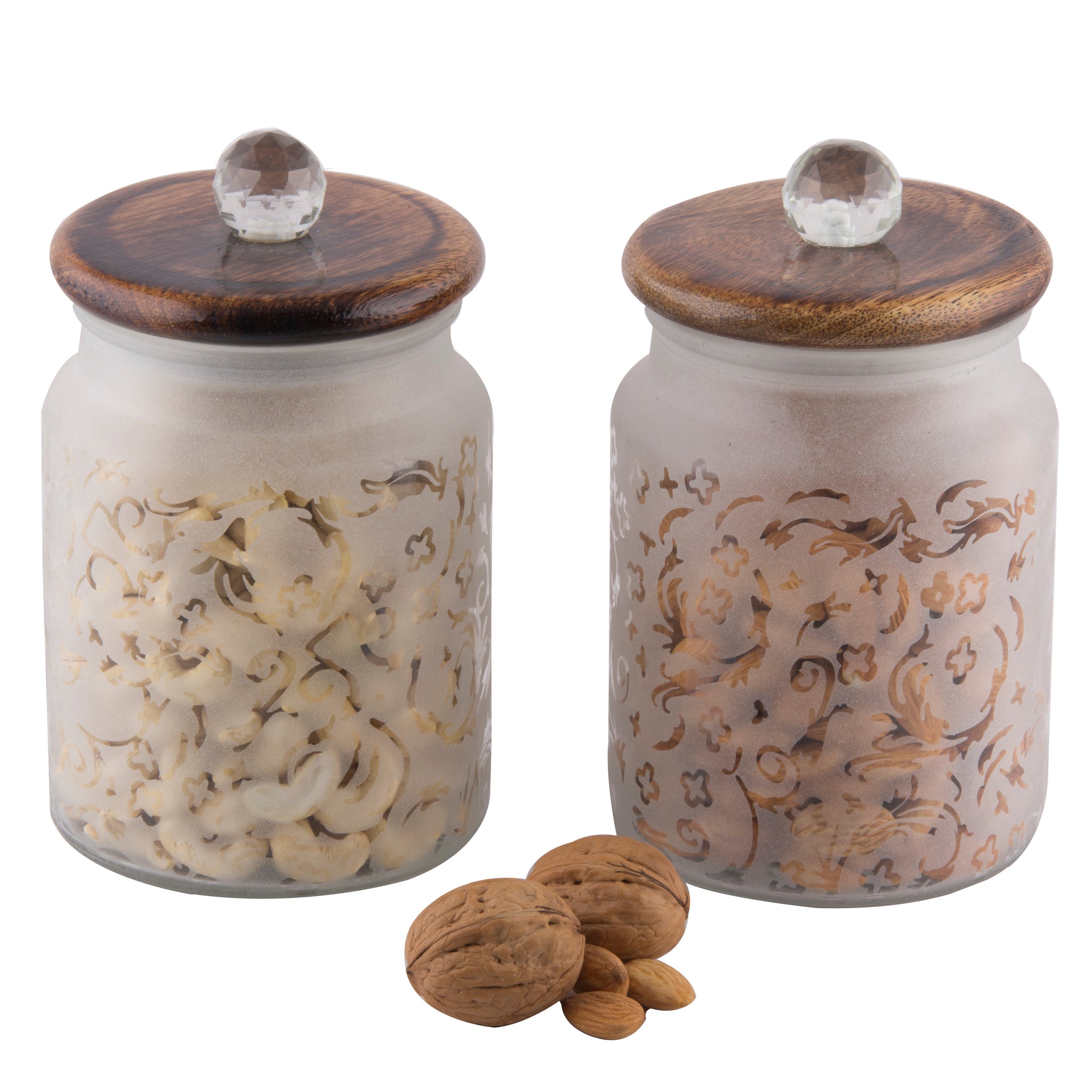 Floral Glass Jar With Wooden Lid- Set Of 2