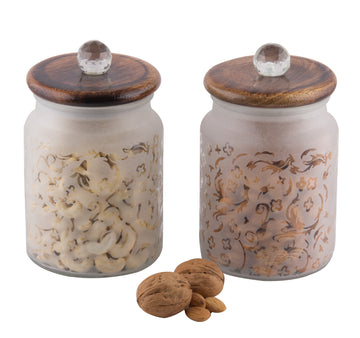 Floral Glass Jar With Wooden Lid- Set Of 2