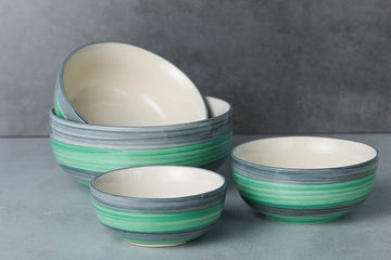 Ceramic Mixing Bowls- Green & Grey- Set Of 4