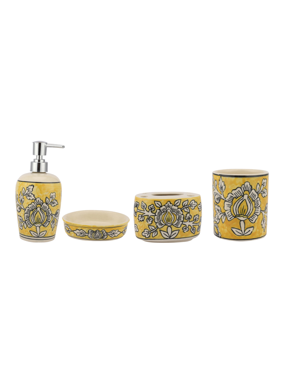 Yellow Hand Painted Ceramic Bathroom Set Of 4 Pieces