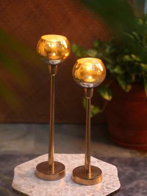 Antique Gold Glass Tealight Holder Set Of 2