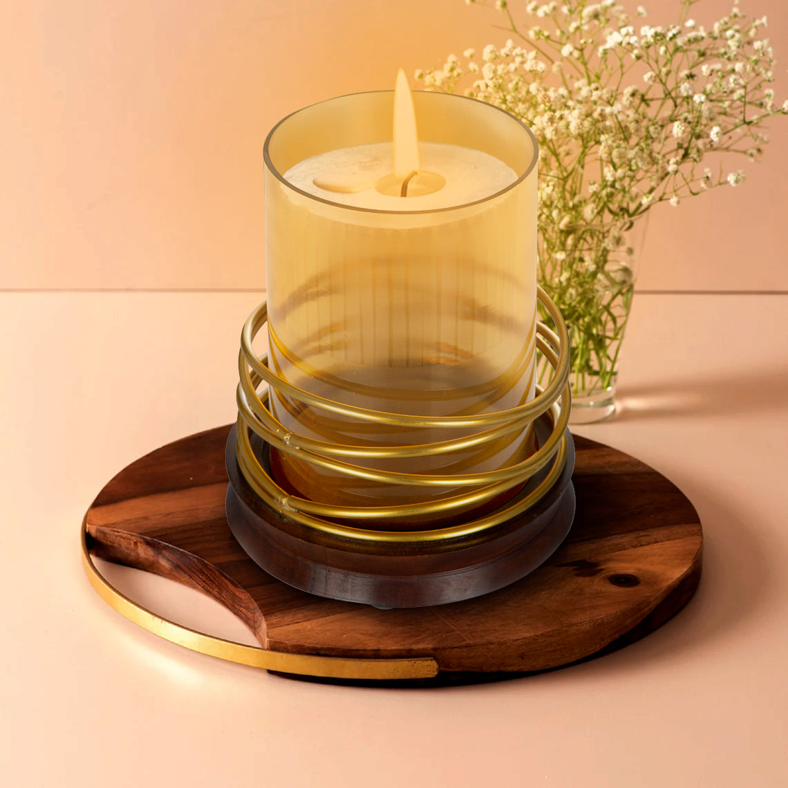 Candle Holder In Wood And Wire With Hurricane