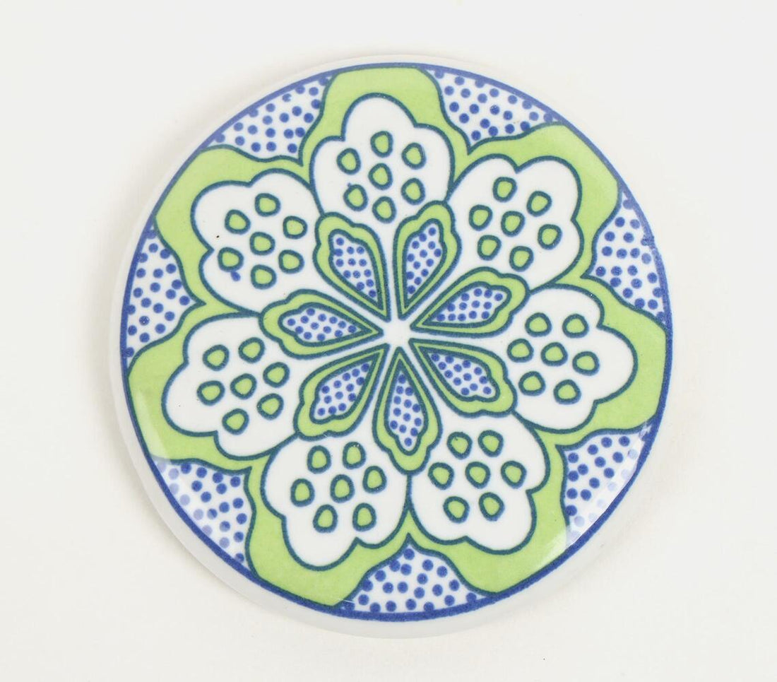 Ceramic Coaster With Cork Base Floral Design (Green)- Set Of 4