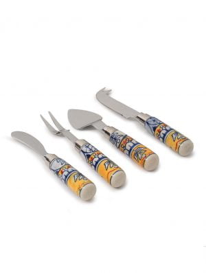 Stainless Steel Set Of 4 Cutlery With Fork Spreader Cake Server And Knife With Yellow Ceramic Handle