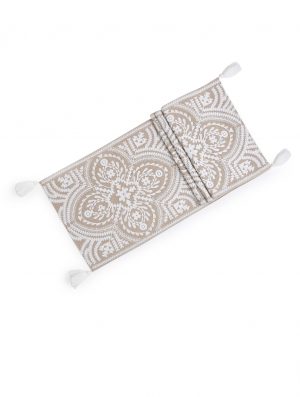 Mehrab Embroidered Table Runner With White Embroidery And Tassles On Beige Cotton