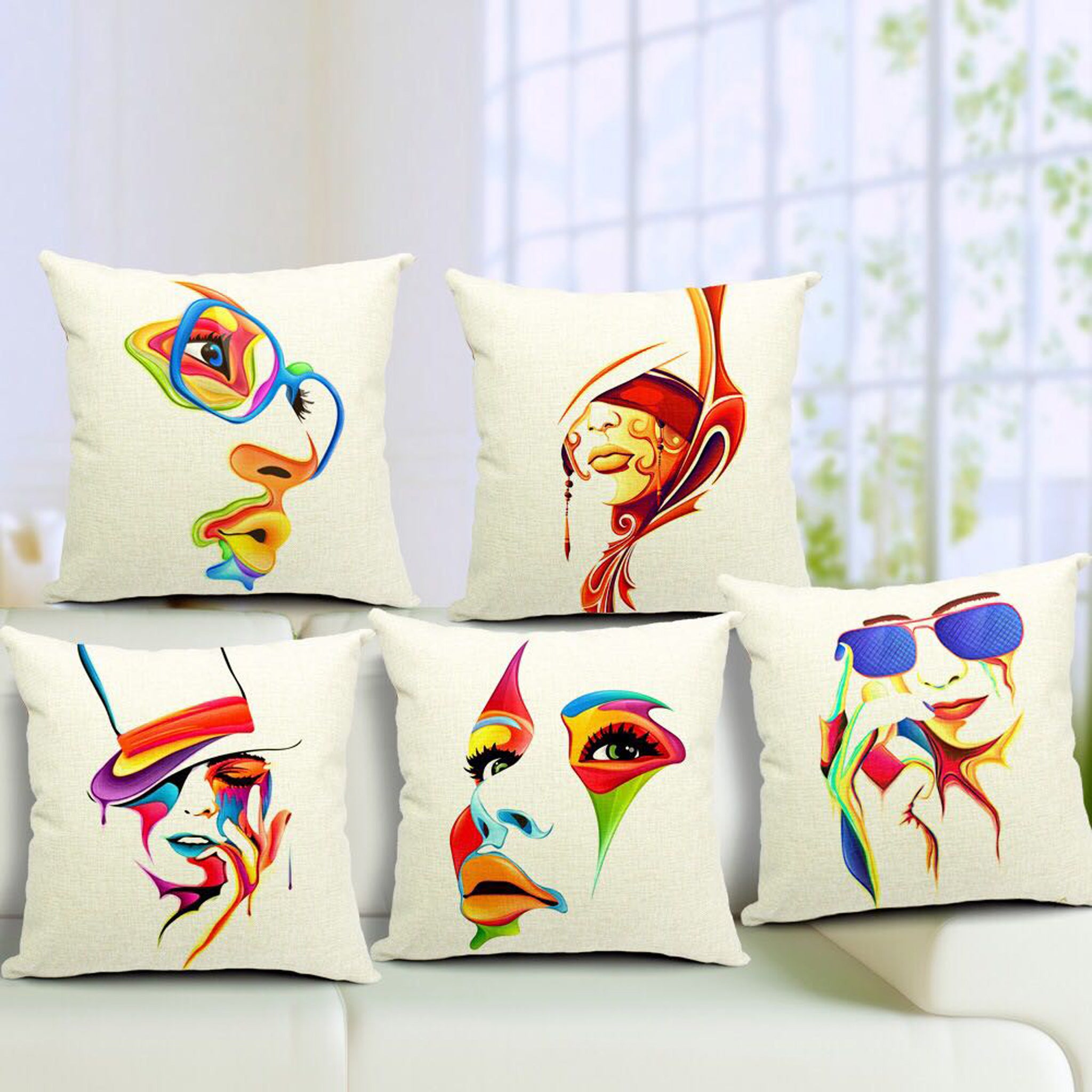 Faces - Digital Print Jute Cushion Cover Set Of 5 Pcs