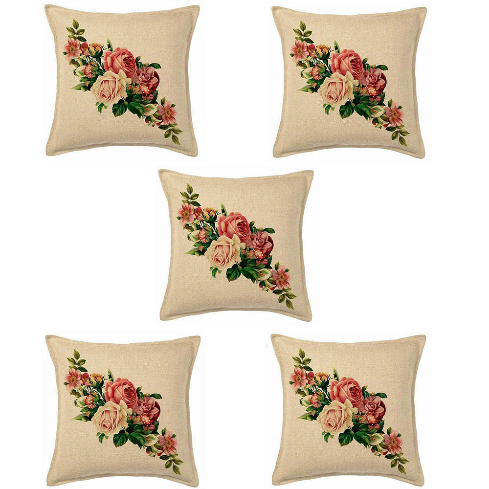 Floral - Digital Print Jute Cushion Cover Set Of 5pcs