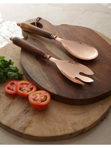 Copper Tone Salad Server With Wooden Handles