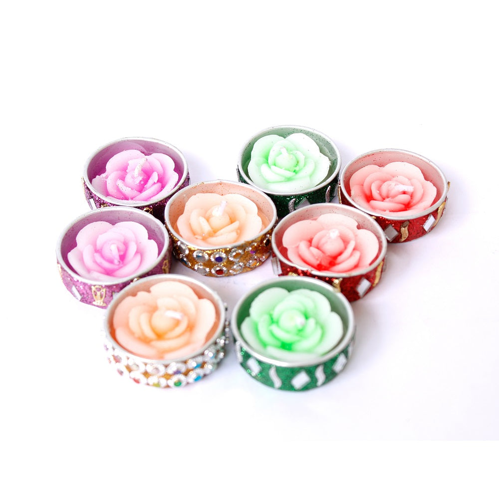 Set Of 8 Glitter Case Rose Floating Candles- Multicolor Pack