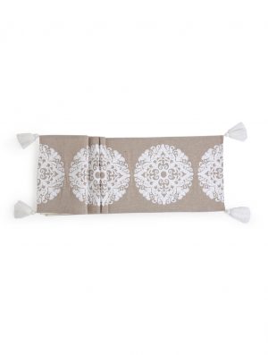 Elegant Ivory Embroidered Cotton Table Runner In Beige Color