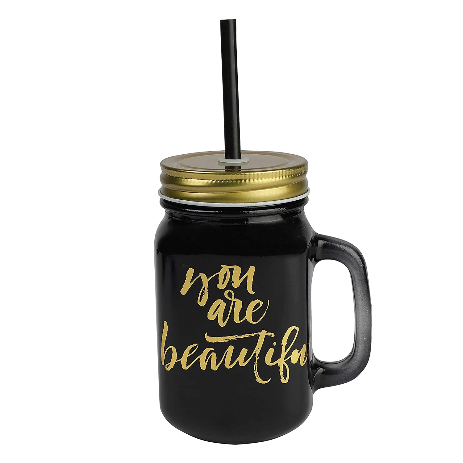 Black Color Jar With Metal Lid And Reusable Straw- 500 Ml