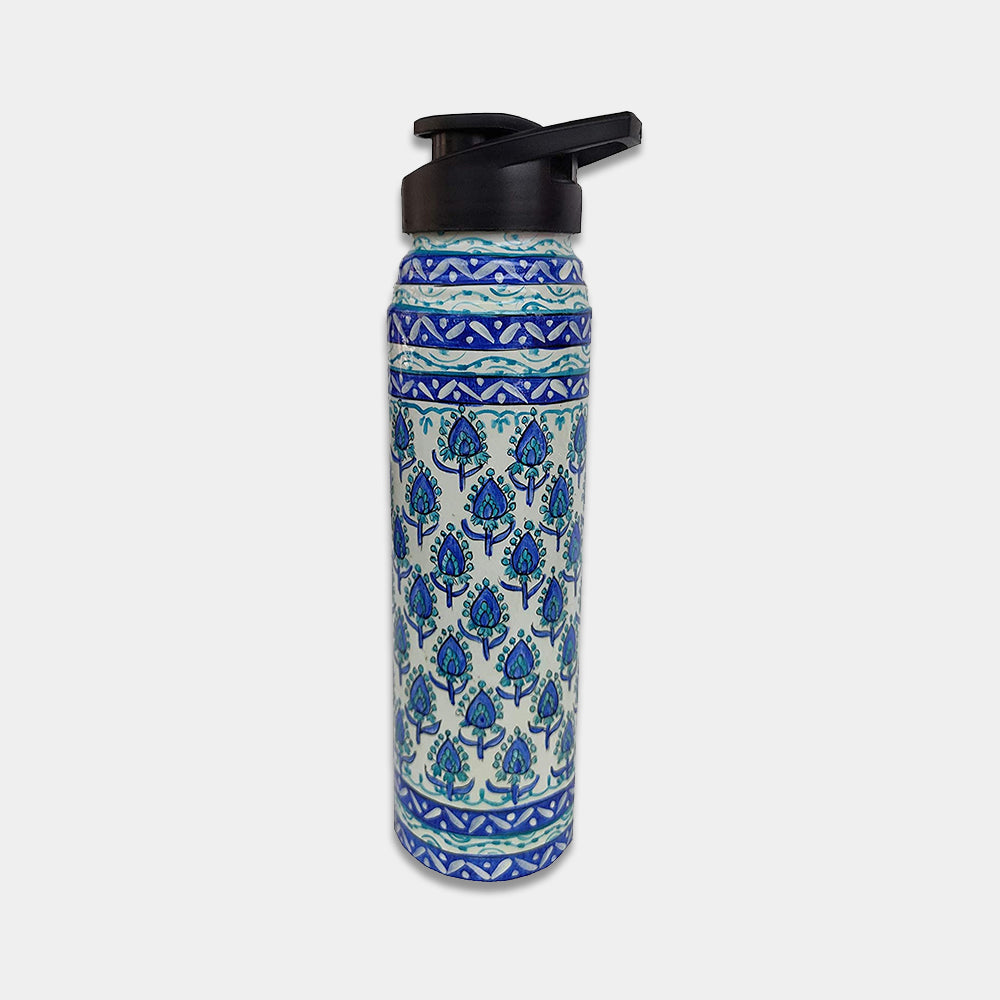 Copper Water Bottle Hand Painted Blue Pottery Design