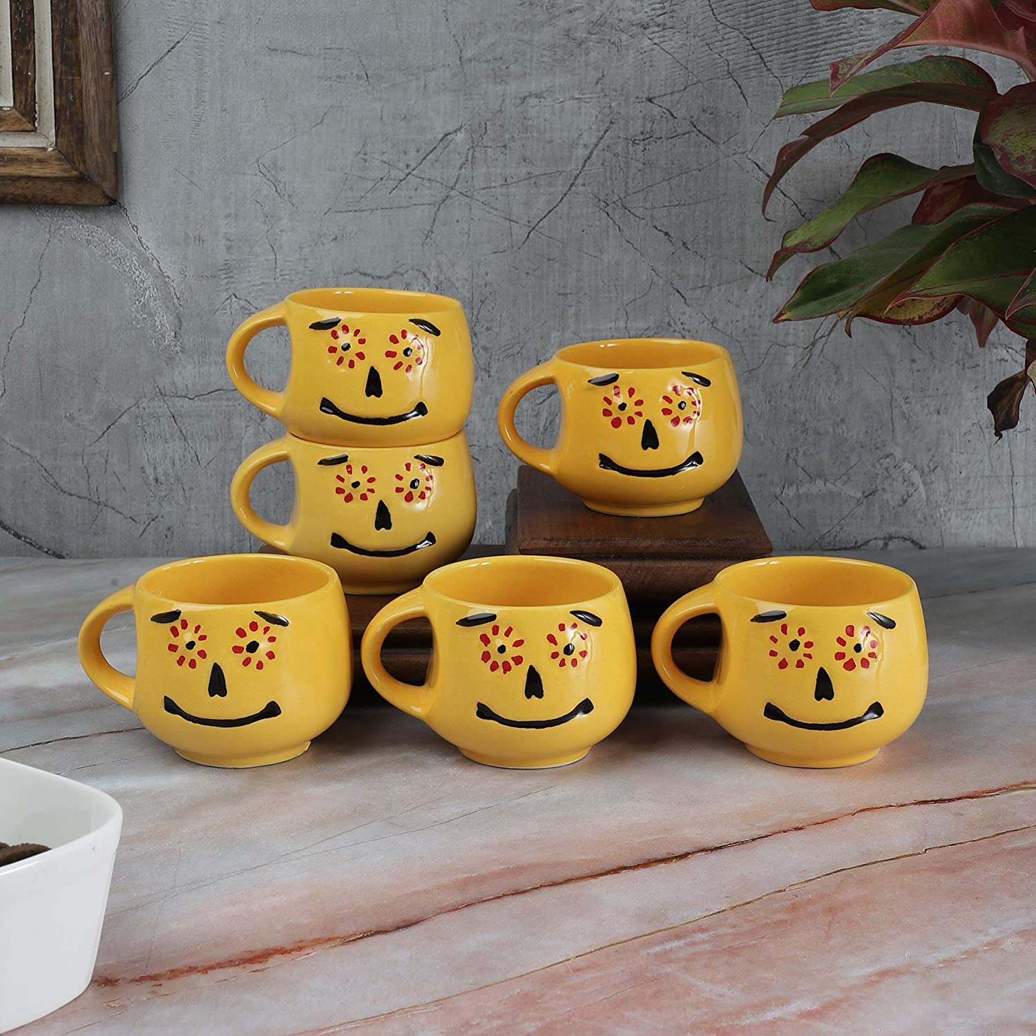 Stylish Ceramic Smiley Emoji Faces Handcrafted Tea- Milk & Coffee Cup- Mug (set Of 6- 150 Ml)