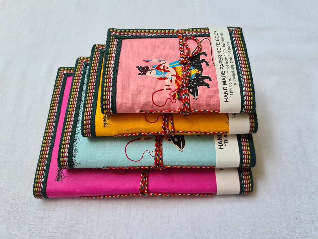 Handmade Paper Diary Set Of 4- Ganeshji With Mouse Multicolor (assorted Color)