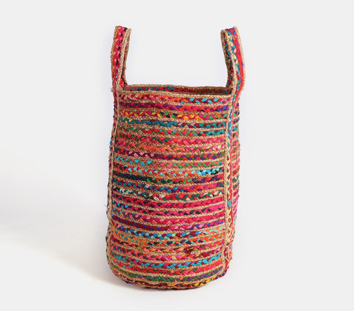 Recycled Rag And Jute Laundry Basket - Multicolour