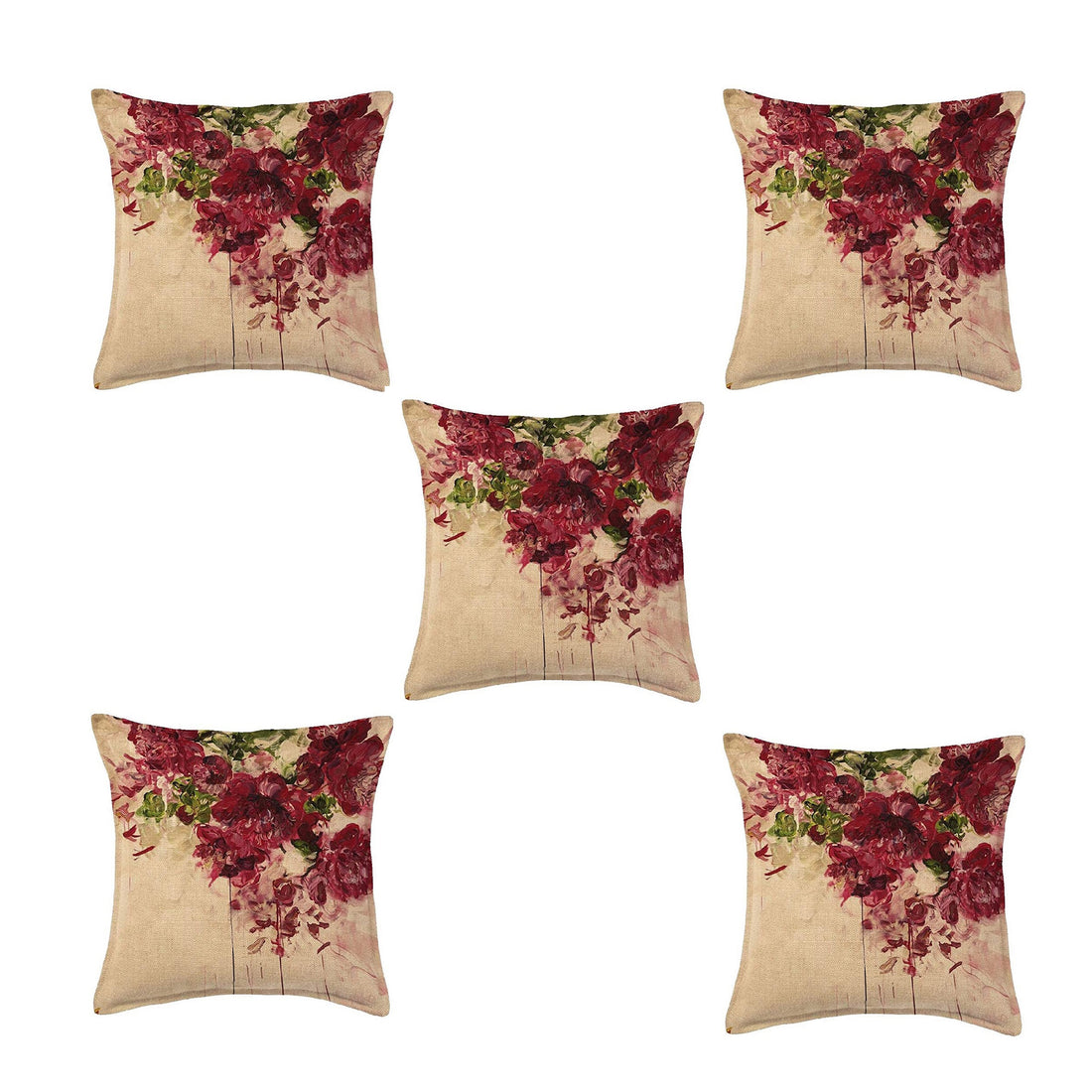 Floral Art - Digital Print Jute Cushion Cover Set Of 5 Pcs