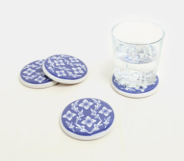 Ceramic Coaster With Cork Base- Flower And Leaves (Set Of 4)