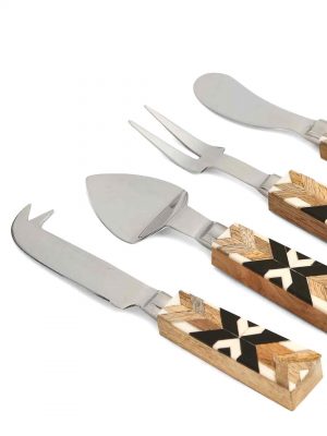 Cheese Set With Geometric Design Set Of 4 (fork - Spreader - Cheese Slicer & Cheese Knife)