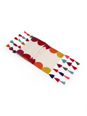 Elegant Cotton Table Runner With Multicolor Embroidered Border And Tassels