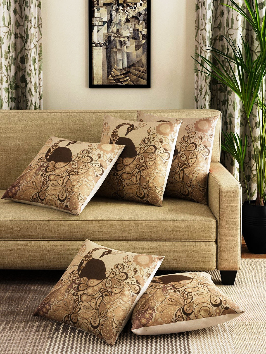 Peacock - Digital Print Jute Cushion Cover Set Of 5pcs