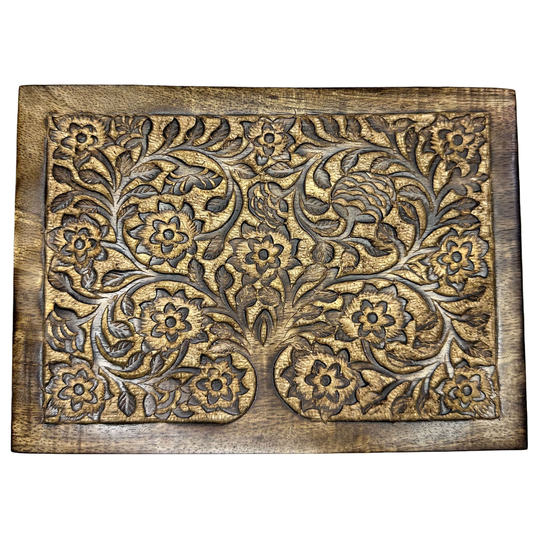 Hand Carved Mango Wood Floral Pattern Burnt Finish Box