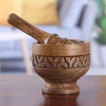 Hand-Carved Leafy Mango Wood Mortar And Pestle (Leafy Pleasure)
