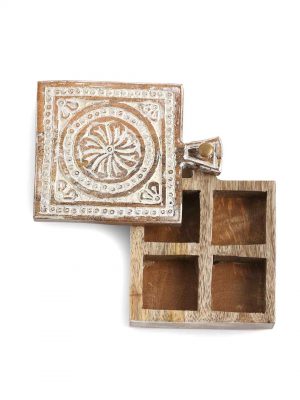 Handcarved Square Box In Whitewash Finish