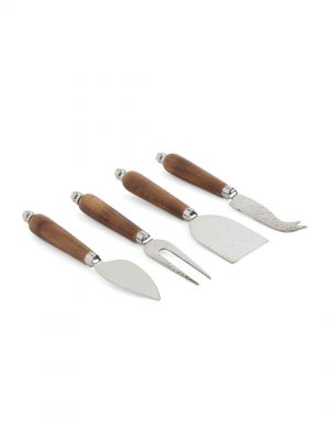 Silver Tone Cheese Knives Set Of 4 With Wooden Handles