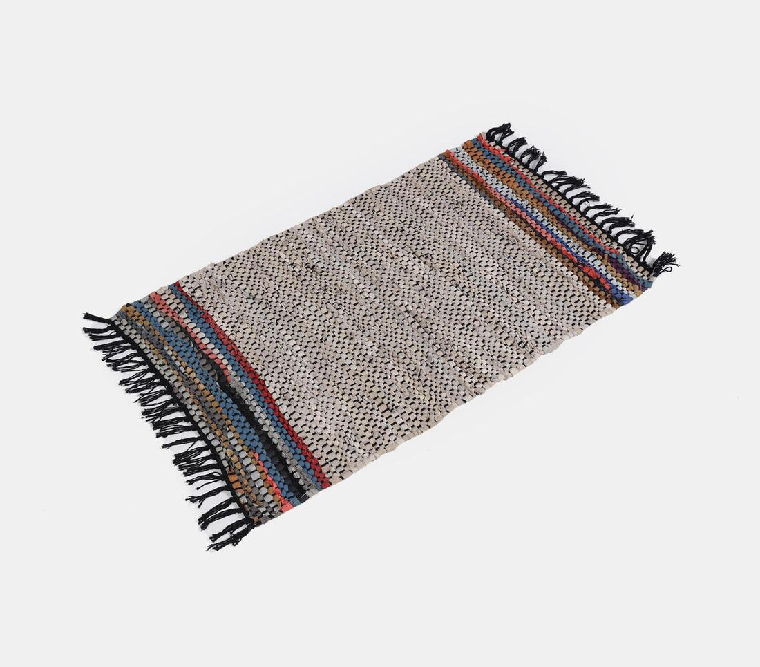 Recycled Leather Rug- Grey With Multicolor Border