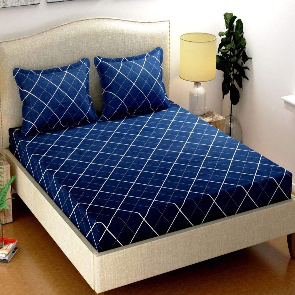 Blue Checks - Double Bedsheet With 2 Pillow Covers - Glace Cotton