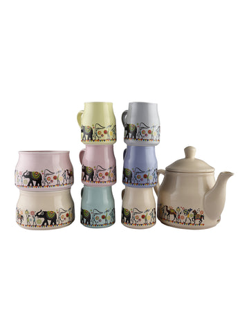 Handmade Ceramic Multicolor Flask Cane Tea Cup Set With Kettle And Bowl (6 Tea Cup - 1 Kettle - 2 Bo