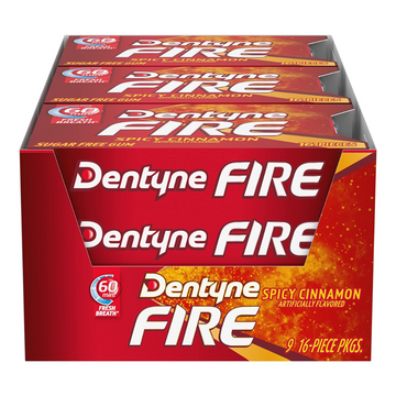 Dentyne Fire Spicy Cinnamon Sugar Free Gum, Pack of 9 (144 Total Pieces)