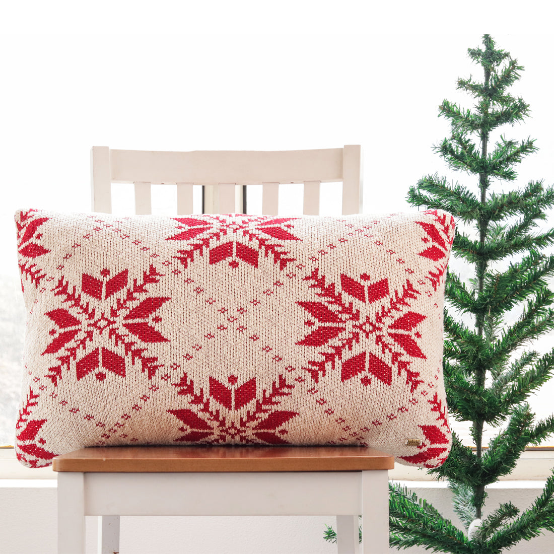 Snowflakes - Natural And Red Cotton Knitted Cushion Cover