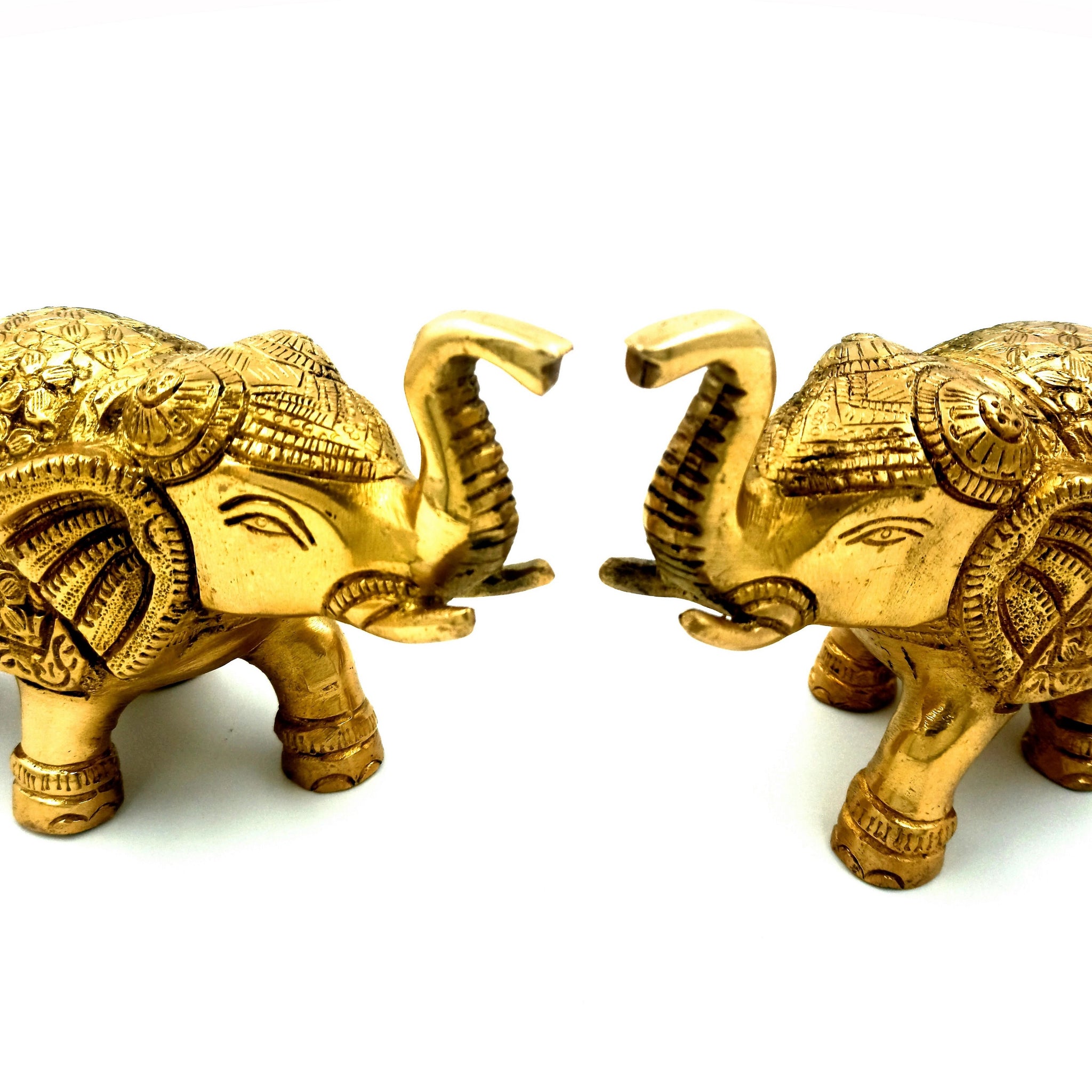 Ethnic Decor Elephant Pair Standing Trunk Up Statue - 5 Inch (Gold)